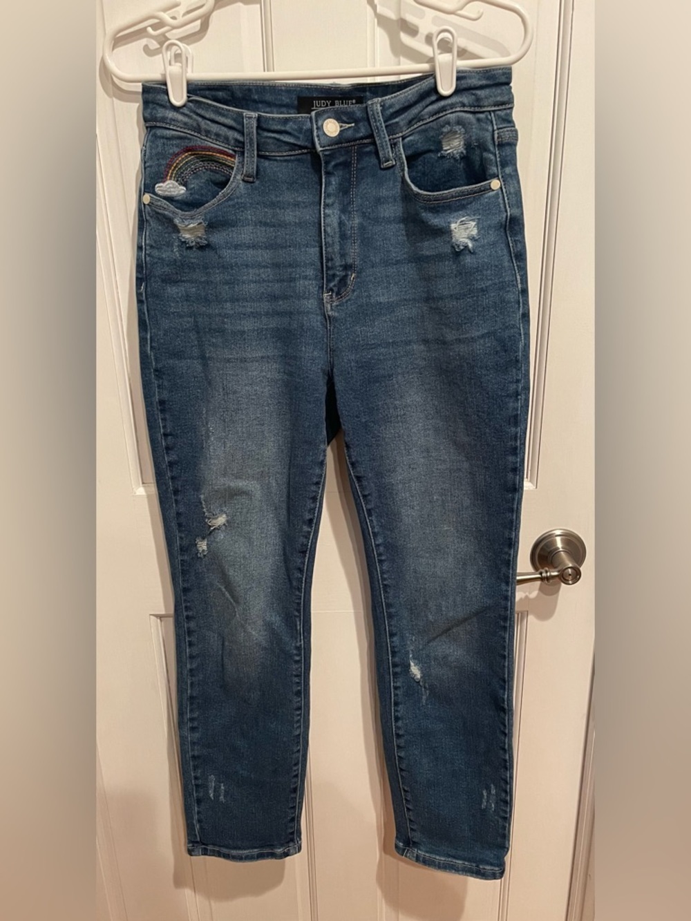 Judy Blue Midnight Wash Straight Leans Jeans with Rainbow Patch 7